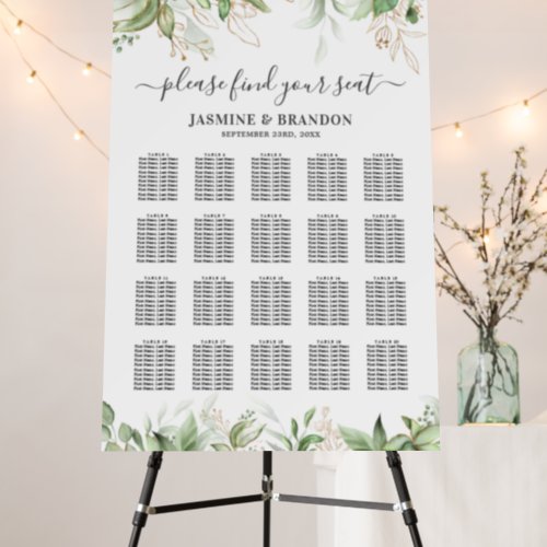 Elegant Greenery 20 Table Wedding Seating Chart Foam Board - Elegant greenery wedding foam board table plan featuring a stylish white background, botanical watercolor green foliage, gold glitter accents, and a modern wedding seating chart template of 20 tables.