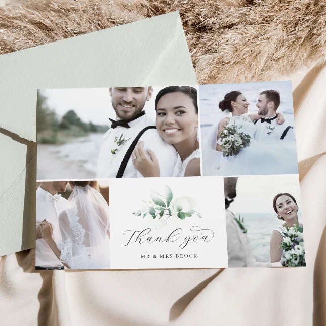 Elegant Greenery 4 Photo Collage Wedding Thank You Card | Zazzle