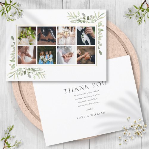 Elegant Greenery 8 Photo Collage Wedding Thank You Card