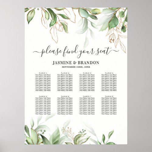 Elegant Greenery 8 Table Wedding Seating Chart - Elegant greenery wedding table plan featuring a stylish white background, botanical watercolor green foliage, gold glitter accents, and a modern wedding seating chart template of 8 tables.