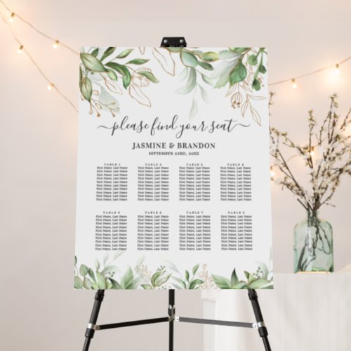 Elegant Greenery 8 Table Wedding Seating Chart Foam Board - Elegant greenery wedding foam board table plan featuring a stylish white background, botanical watercolor green foliage, gold glitter accents, and a modern wedding seating chart template of 8 tables.