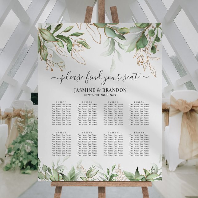 Elegant Greenery 8 Table Wedding Seating Chart Foam Board (Creator Uploaded)