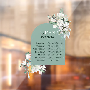 Elegant Greenery and Arch Open Hours Window Cling