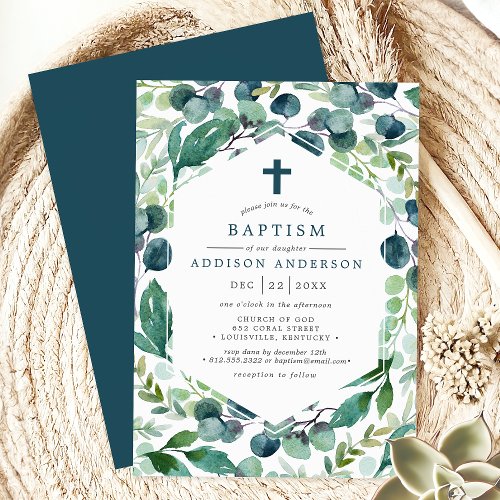 Elegant Greenery and Eucalyptus Wreath Baptism Invitation