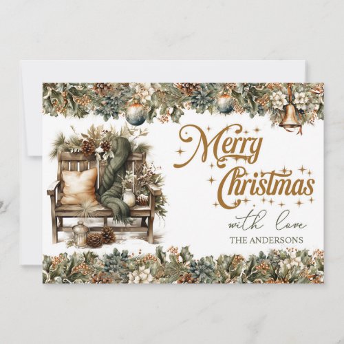 Elegant greenery and faux gold cozy interior holiday card