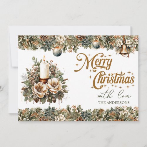 Elegant greenery and gold Christmas candles  Holiday Card