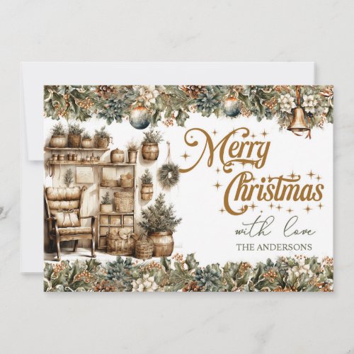 Elegant greenery and gold cozy Christmas interior Holiday Card
