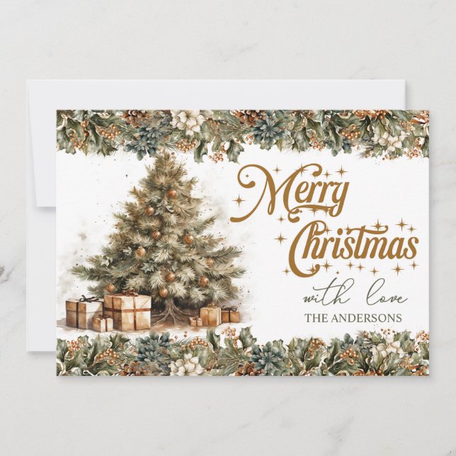 Elegant greenery and gold cozy Christmas tree, Holiday Card (Front)