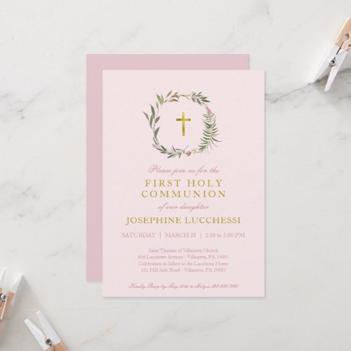 Elegant Greenery and Gold Foil Baptism Communion I Invitation