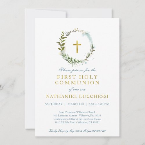 Elegant Greenery and Gold Foil Baptism Communion I Invitation