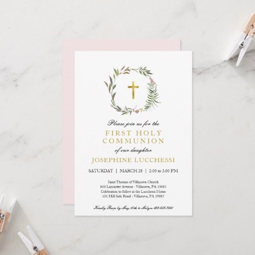 Elegant Greenery and Gold Foil Baptism Communion I Invitation