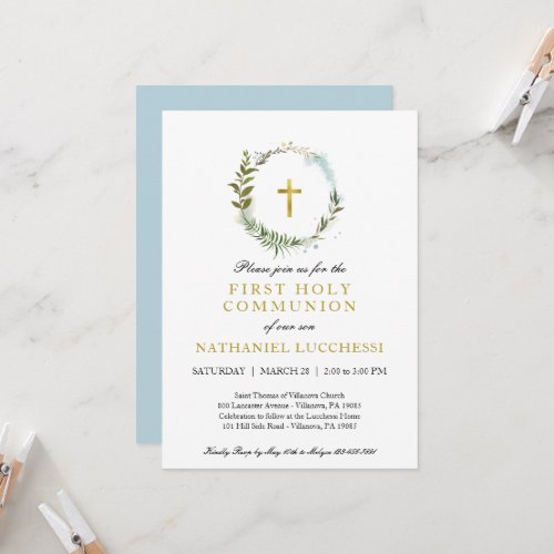 Elegant Greenery and Gold Foil Baptism Communion I Invitation