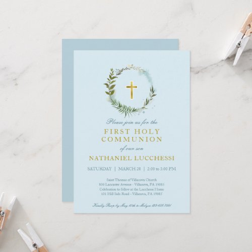 Elegant Greenery and Gold Foil Baptism Communion Invitation