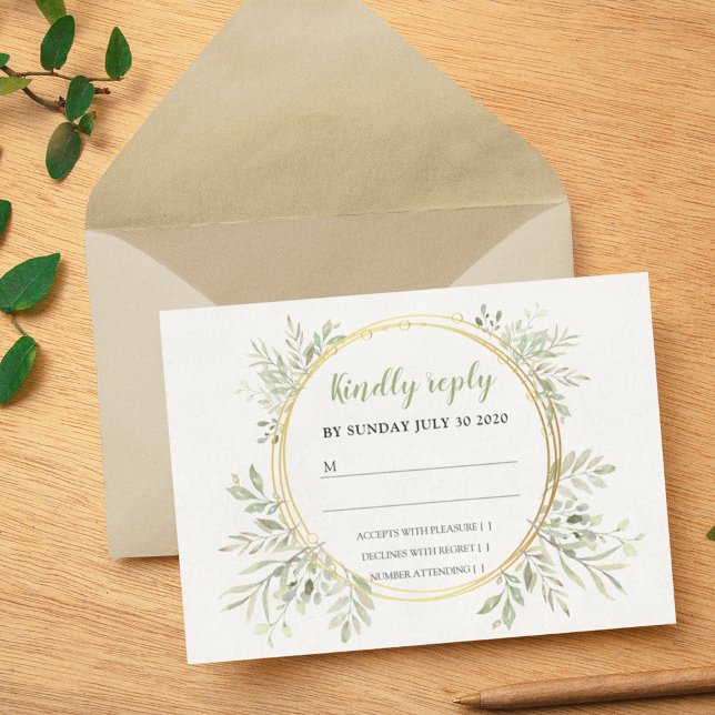 Elegant Greenery And Gold Frame Wedding RSVP (Creator Uploaded)