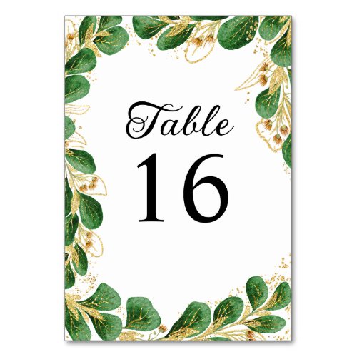Elegant Greenery and Gold Leaf Wedding Table Number