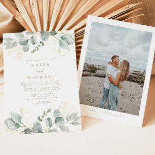 Elegant Greenery and Gold Photo Wedding Invitation