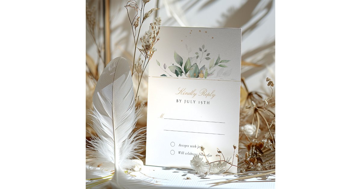 Elegant Greenery and Gold RSVP Wedding Card | Zazzle