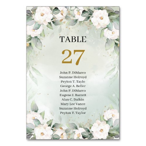 Elegant greenery and gold table number with names