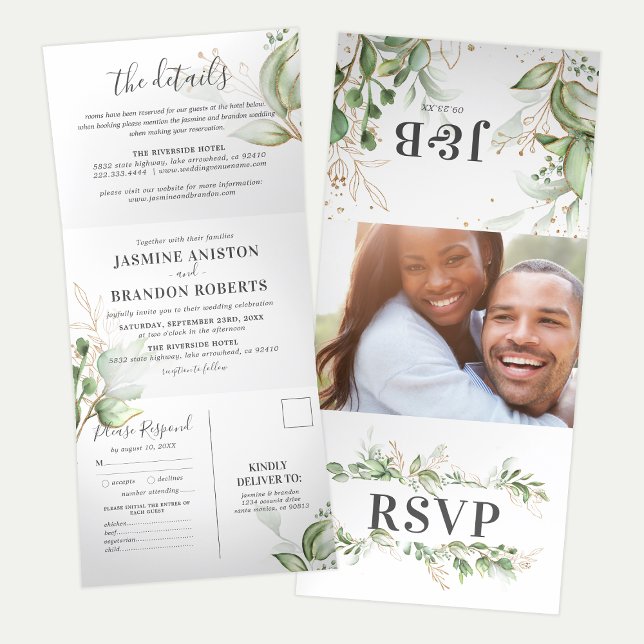 Elegant Greenery and Gold Wedding All In One Tri-Fold Invitation (Creator Uploaded)