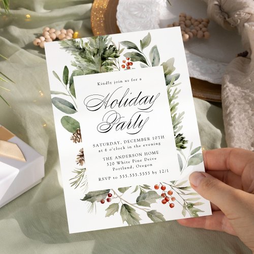 Elegant Greenery and Holly Berries Holiday Party Invitation