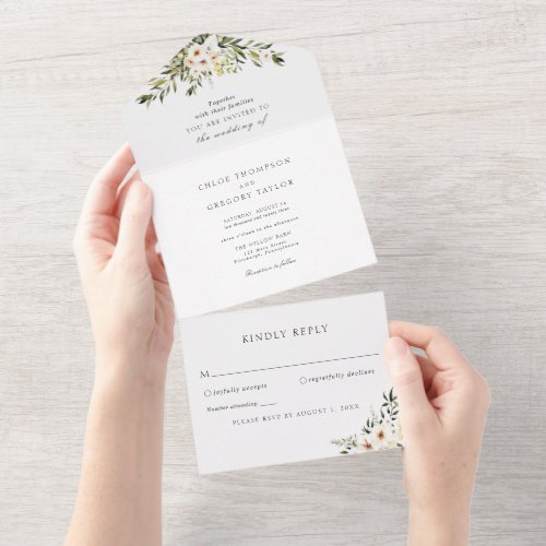 Elegant Greenery and Ivory Florals All In One Invitation