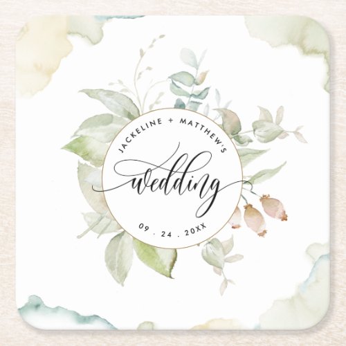 Elegant Greenery and Watercolor Stains Wedding Square Paper Coaster