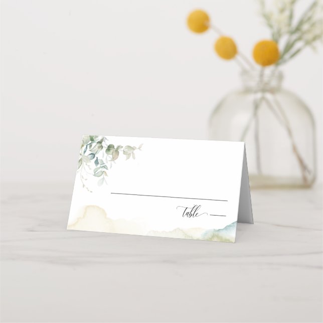 Elegant Greenery and Watercolor Wedding Place Card (Front)