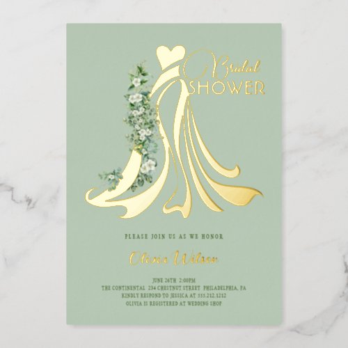 Elegant Greenery and Wedding Dress Bridal Shower  Foil Invitation