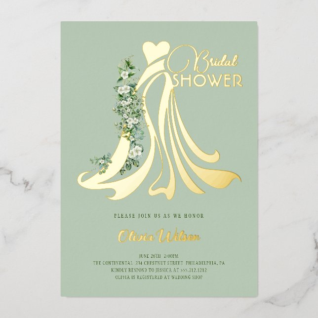 Elegant Greenery and Wedding Dress Bridal Shower  Foil Invitation (Front)