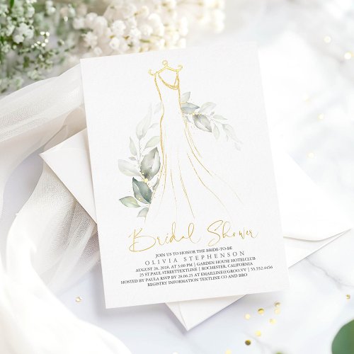 Elegant Greenery and Wedding Dress Bridal Shower Foil Invitation