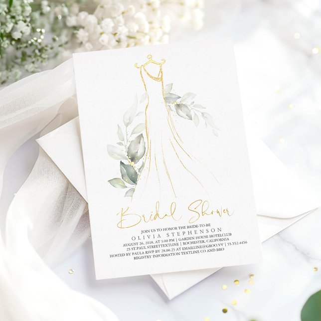 Elegant Greenery and Wedding Dress Bridal Shower Foil Invitation (Greenery Wedding Dress Bridal Shower Invitations)
