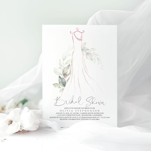 Elegant Greenery and Wedding Dress Bridal Shower I Invitation