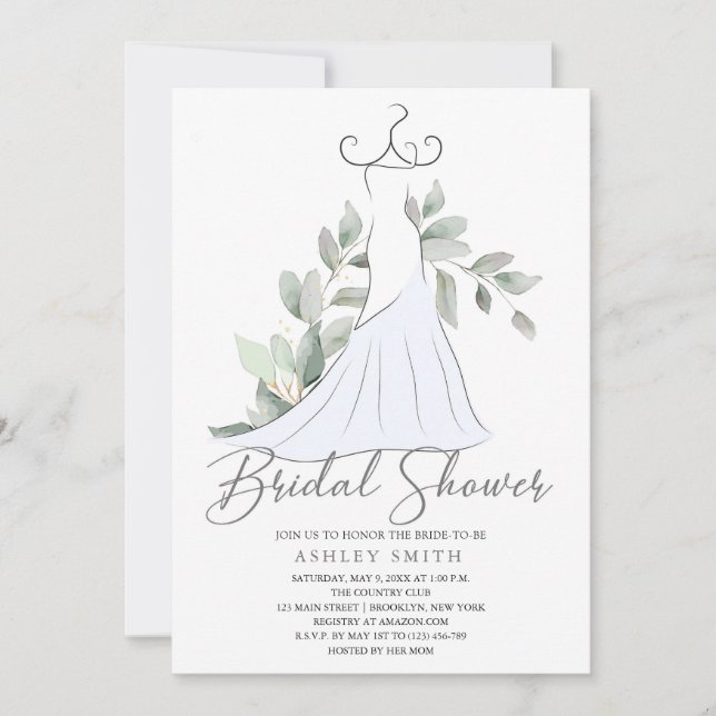 Elegant Greenery and Wedding Dress Bridal Shower Invitation (Front)