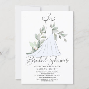 Elegant Greenery and Wedding Dress Bridal Shower Invitation