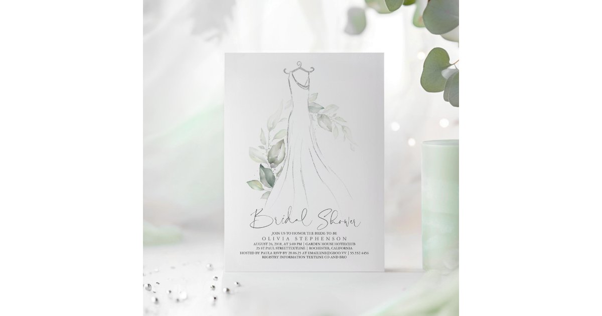 Elegant Greenery and Wedding Dress Bridal Shower Invitation