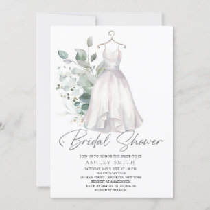 Elegant Greenery and Wedding Dress Bridal Shower Invitation
