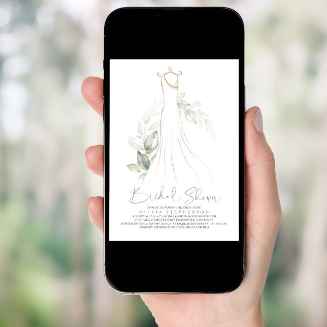 Elegant Greenery and Wedding Dress Bridal Shower Invitation (Front Digital)