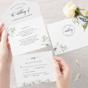 Elegant Greenery and White, Blue Floral All In One Invitation
