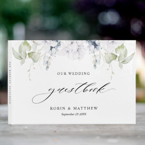 Elegant Greenery and White Blue Floral Wedding Guest Book