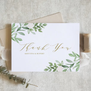 Elegant Greenery and White Flowers Gold Wedding Letterpress Thank You Card