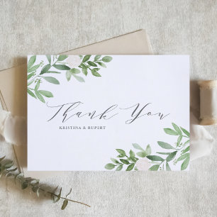 Elegant Greenery and White Flowers Gray Wedding Thank You Card