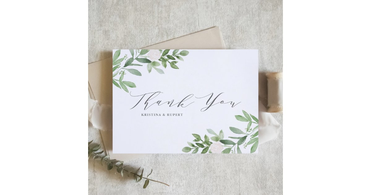 Elegant Greenery and White Flowers Gray Wedding Thank You Card | Zazzle