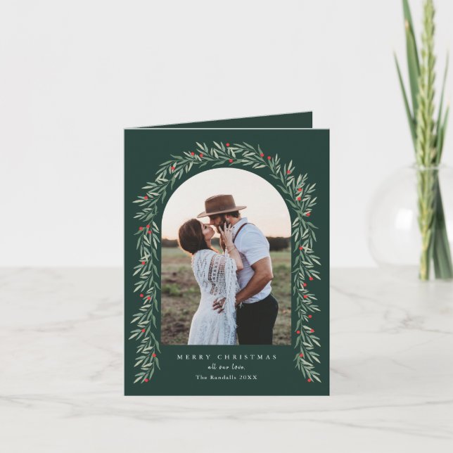 Elegant Greenery Arch Modern 2 Photo Christmas Holiday Card (Front)