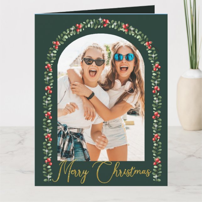 Elegant Greenery Arch Script Photo Christmas Card (Front)