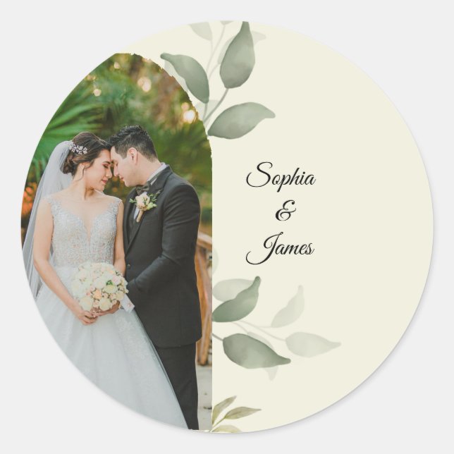 Elegant Greenery Arch Wedding Photo Round Sticker (Front)