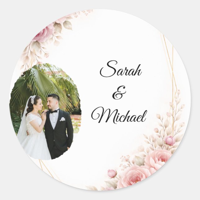 Elegant Greenery Arch Wedding Photo Round Sticker (Front)