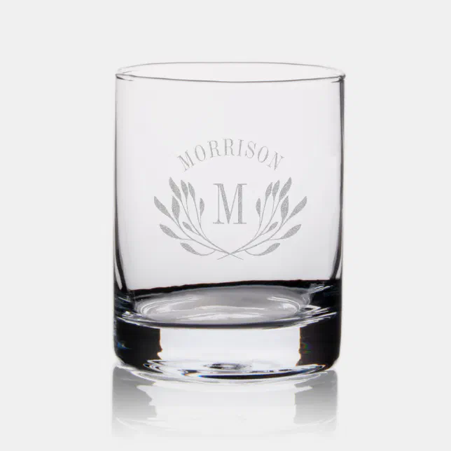 Elegant Greenery Arched Name & Initial Rocks Glass | Zazzle