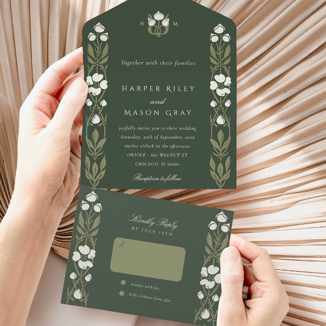 Elegant Greenery Art Nouveau Tear-Away RSVP All In One Invitation (Creator Uploaded)