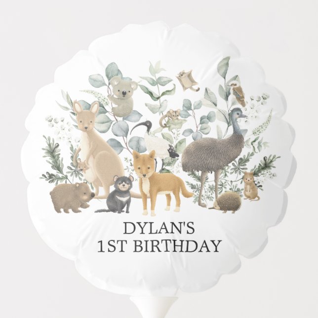 Elegant Greenery Australian Animals Baby Birthday Balloon (Back)