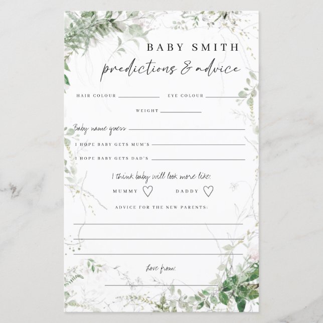 Elegant Greenery Baby Shower Advice Cards (Front)